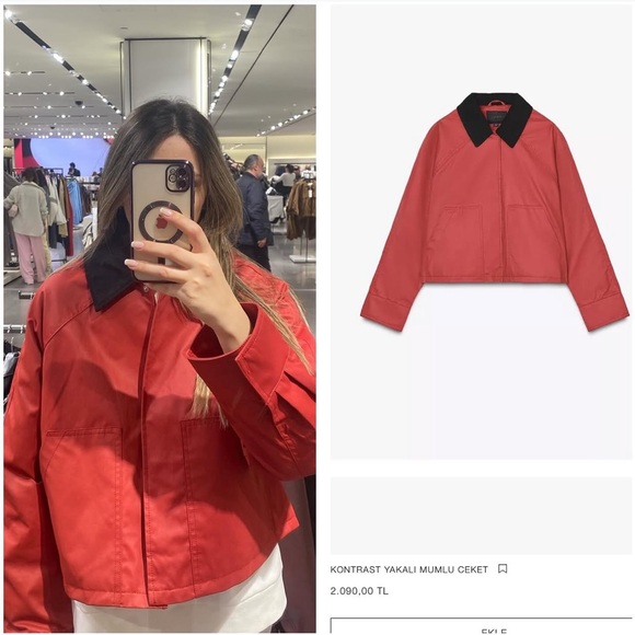 ZARA NWT Waxed Red Barn Jacket With Contrasting Black Collar in Sz XL - Picture 5 of 7